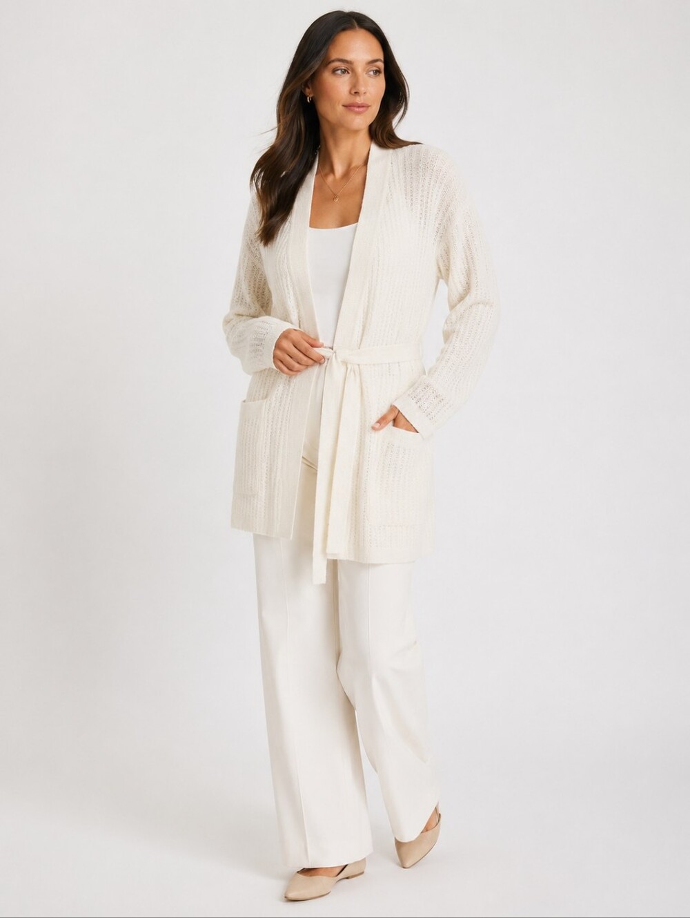 Tahari 100% Cashmere Open Weave Belted Cardigan Cream L NWT